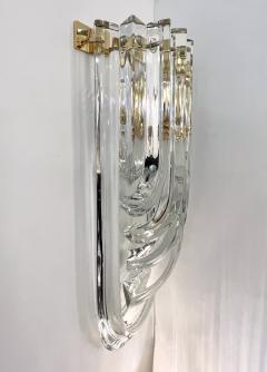 Italian Modern Pair of Translucent Crystal Murano Glass Brass Curved Sconces - 2994498