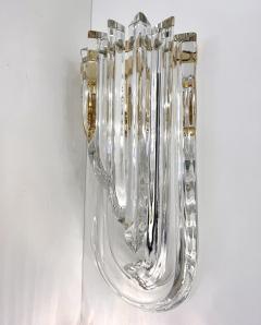Italian Modern Pair of Translucent Crystal Murano Glass Brass Curved Sconces - 2994499