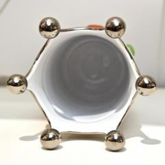 Italian Modern Silver Platinum White Majolica Crown Vase with Orange Green Dots - 3481516