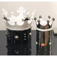 Italian Modern Silver Platinum White Majolica Crown Vase with Orange Green Dots - 3481519