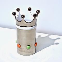 Italian Modern Silver Platinum White Majolica Crown Vase with Orange Green Dots - 3481520