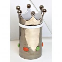 Italian Modern Silver Platinum White Majolica Crown Vase with Orange Green Dots - 3481521