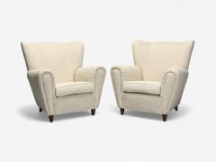 Italian Modern Stained Wood Beige Tweed Fabric Club Chairs Italy 1940s - 4220215