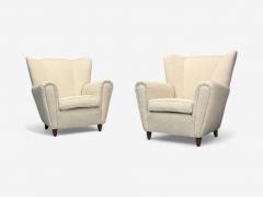 Italian Modern Stained Wood Beige Tweed Fabric Club Chairs Italy 1940s - 4220216