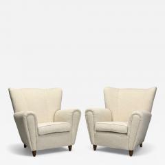 Italian Modern Stained Wood Beige Tweed Fabric Club Chairs Italy 1940s - 4221987
