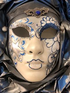 Italian Modern Venetian Carnival Handmade Silver White Blue Mask Flower Pleat - 4414715