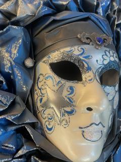Italian Modern Venetian Carnival Handmade Silver White Blue Mask Flower Pleat - 4414719