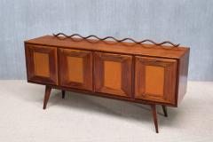 Italian Modern Walnut and Leather Sideboard with Undulating Cornice 1950s - 4616302
