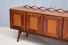 Italian Modern Walnut and Leather Sideboard with Undulating Cornice 1950s - 4616303