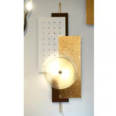 Italian Modernist Gold White Brown Geometric Textured Metal Glass Sconces - 1229482