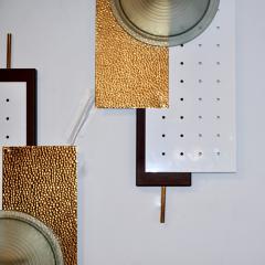 Italian Modernist Gold White Brown Geometric Textured Metal Glass Sconces - 1229485