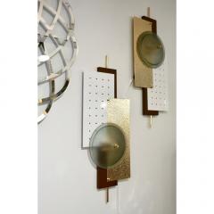 Italian Modernist Gold White Brown Geometric Textured Metal Glass Sconces - 1229488