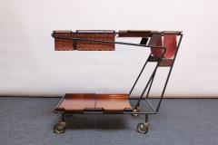 Italian Modernist Iron Bar Cart Trolley with Plywood and Wicker Inserts - 2734310