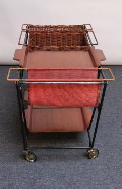 Italian Modernist Iron Bar Cart Trolley with Plywood and Wicker Inserts - 2734311