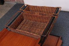 Italian Modernist Iron Bar Cart Trolley with Plywood and Wicker Inserts - 2734317