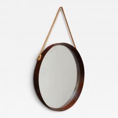 Italian Modernist Round Walnut Wall Mirror with Rope Strap and Brass Accents - 4023004