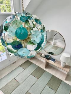 Italian Monumental Blue Green White Murano Glass Round Brass Sputnik Chandelier - 4238151