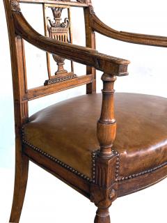 Italian Neoclassical carved fruitwood armchair with leather seat - 2422822