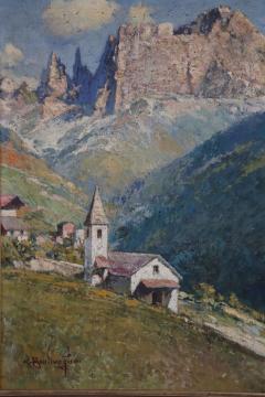 Italian Oil Painting on Canvas Cesare Bentivoglio Mountain Landscape with Church - 2735089