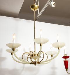 Italian Opaline Glass and Brass Six Arm Chandelier Italy circa 1950 - 3090033