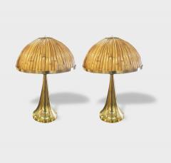 Italian Organic Modern Contemporary Pair Tall Brass Rattan Sleek Table Lamps - 2742848
