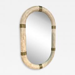 Italian Oval Mirror in Tessellated Stone with Brass Accents 1980s - 4310158