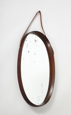 Italian Oval Teak Wall Mirror with Leather Strap Italy circa 1950 - 3542838