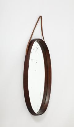 Italian Oval Teak Wall Mirror with Leather Strap Italy circa 1950 - 3542839