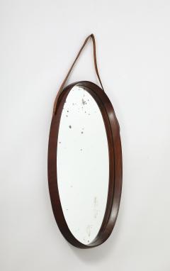 Italian Oval Teak Wall Mirror with Leather Strap Italy circa 1950 - 3542841