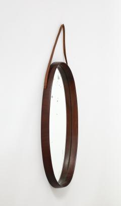 Italian Oval Teak Wall Mirror with Leather Strap Italy circa 1950 - 3542842