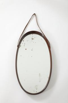 Italian Oval Teak Wall Mirror with Leather Strap Italy circa 1950 - 3542849