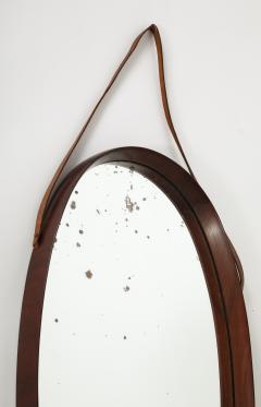 Italian Oval Teak Wall Mirror with Leather Strap Italy circa 1950 - 3542850