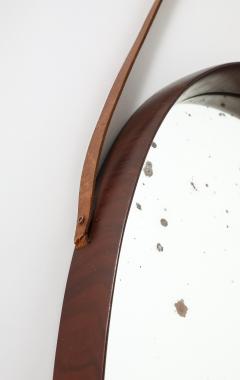 Italian Oval Teak Wall Mirror with Leather Strap Italy circa 1950 - 3542854