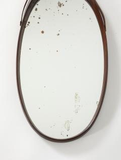 Italian Oval Teak Wall Mirror with Leather Strap Italy circa 1950 - 3542855