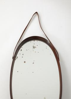 Italian Oval Teak Wall Mirror with Leather Strap Italy circa 1950 - 3542856