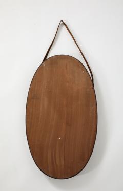 Italian Oval Teak Wall Mirror with Leather Strap Italy circa 1950 - 3542857