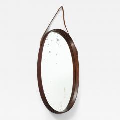 Italian Oval Teak Wall Mirror with Leather Strap Italy circa 1950 - 3543821
