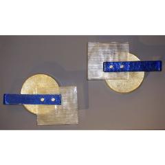 Italian Pair of Abstract Modern Gold Sapphire and Crystal Murano Glass Sconces - 978103