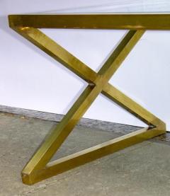 Italian Pair of X Frame Handcrafted Brass and Glass Coffee Side Tables - 1020686