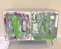 Italian Post Modern Abstract Art Green Purple Steel Mirrored Cabinet - 3873101