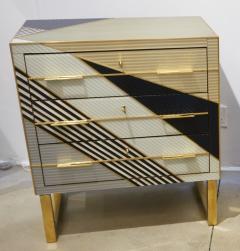 Italian Postmodern Navy Blue Cream Gold Gray Chest Nightstand on Brass Legs - 3011737