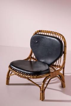 Italian Rattan and Bamboo Lounge Chair with Black Leather Cushion 1960s - 4486856