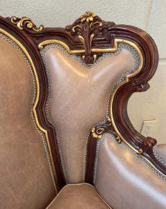 Italian Rococo Style Carved Wood Bergere chair with Leather upholstery a Pair - 3613363