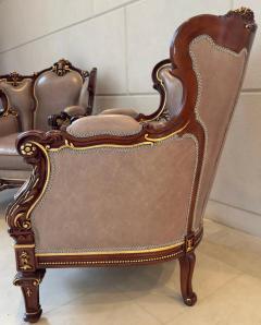 Italian Rococo Style Carved Wood Bergere chair with Leather upholstery a Pair - 3613367