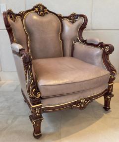 Italian Rococo Style Carved Wood Bergere chair with Leather upholstery a Pair - 3613368