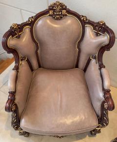 Italian Rococo Style Carved Wood Bergere chair with Leather upholstery a Pair - 3613369