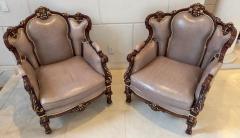 Italian Rococo Style Carved Wood Bergere chair with Leather upholstery a Pair - 3613370