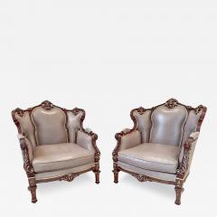 Italian Rococo Style Carved Wood Bergere chair with Leather upholstery a Pair - 3614800