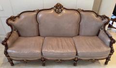Italian Rococo Style Sofa in Fine Taupe Gray Leather Upholstery and Mahogany - 3613509
