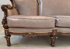 Italian Rococo Style Sofa in Fine Taupe Gray Leather Upholstery and Mahogany - 3613510